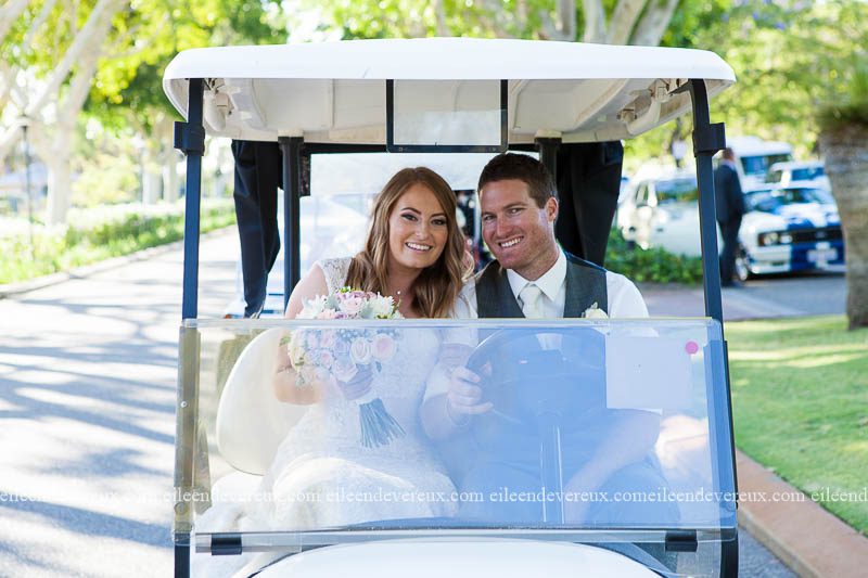 golf cart wedding portrait